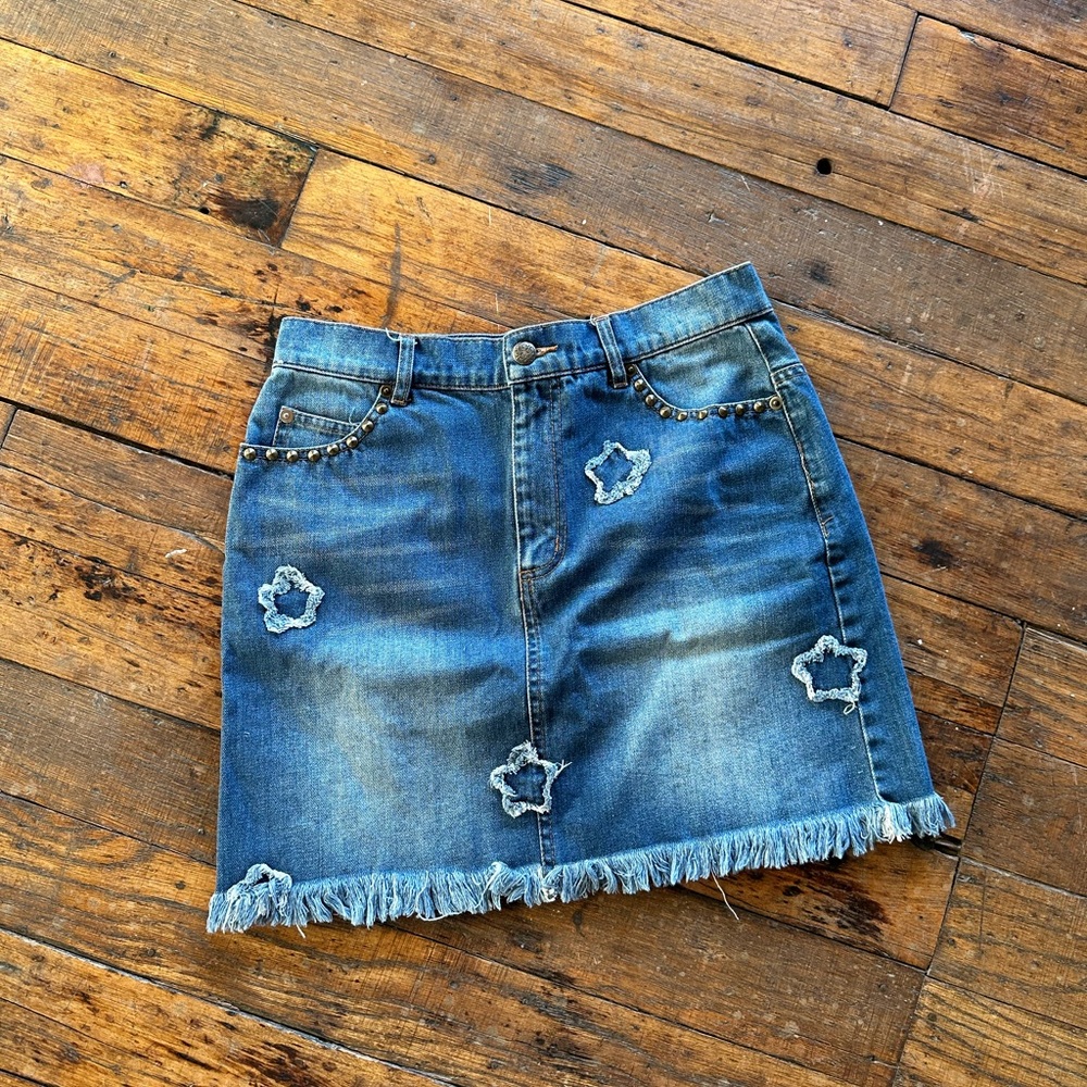 Western Denim High Waisted Mini Skirt with Frayed Edge Stars